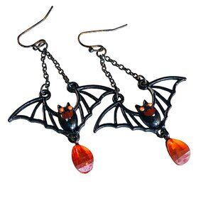 Halloween Bat Earrings Dangle Drop Pierced Hook Bead Accent Whimsical Party
